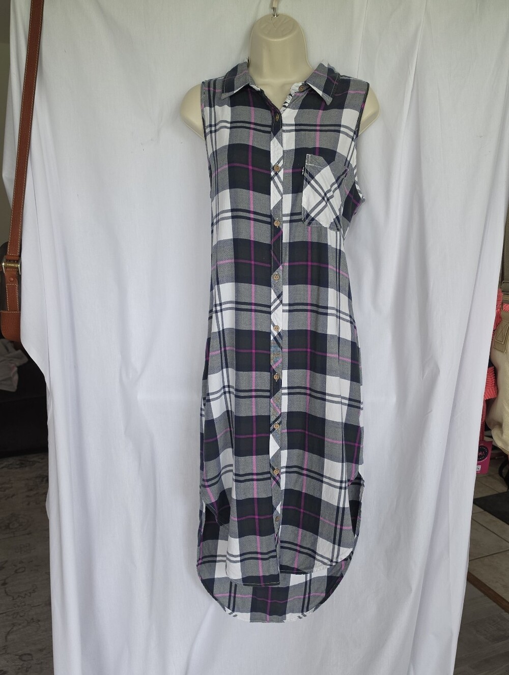 10 Tree 100% Organic Cotton Sleeveless Flannel Tunic Dress M Blue Purple